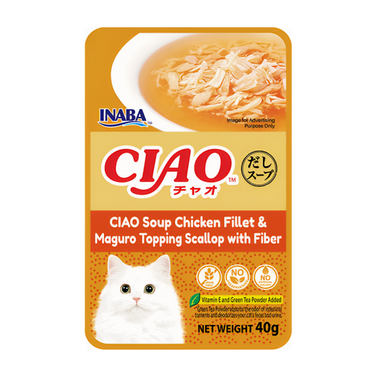 CIAO Soup Chicken Fillet & Maguro Topping Scallop with Fiber Cat Treats IC-218