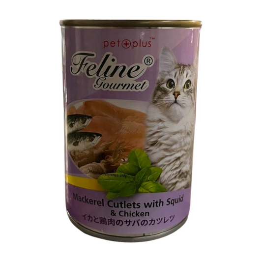 Feline Gourmet Can Wet Cat Food Mackerel Cutlets with Squid & Chicken 400g